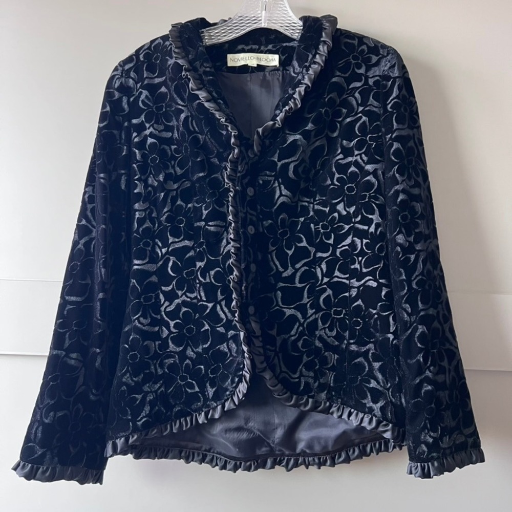 Vintage NOVIELLO-BLOOM Black Velvet Floral Burnout Ruffle Jacket‎ Blazer Size 4